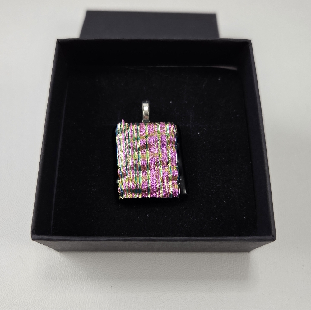 Dichroic Fused Art Glass Pendant - Iridescent Pink Gold Ripple Textured - 9g